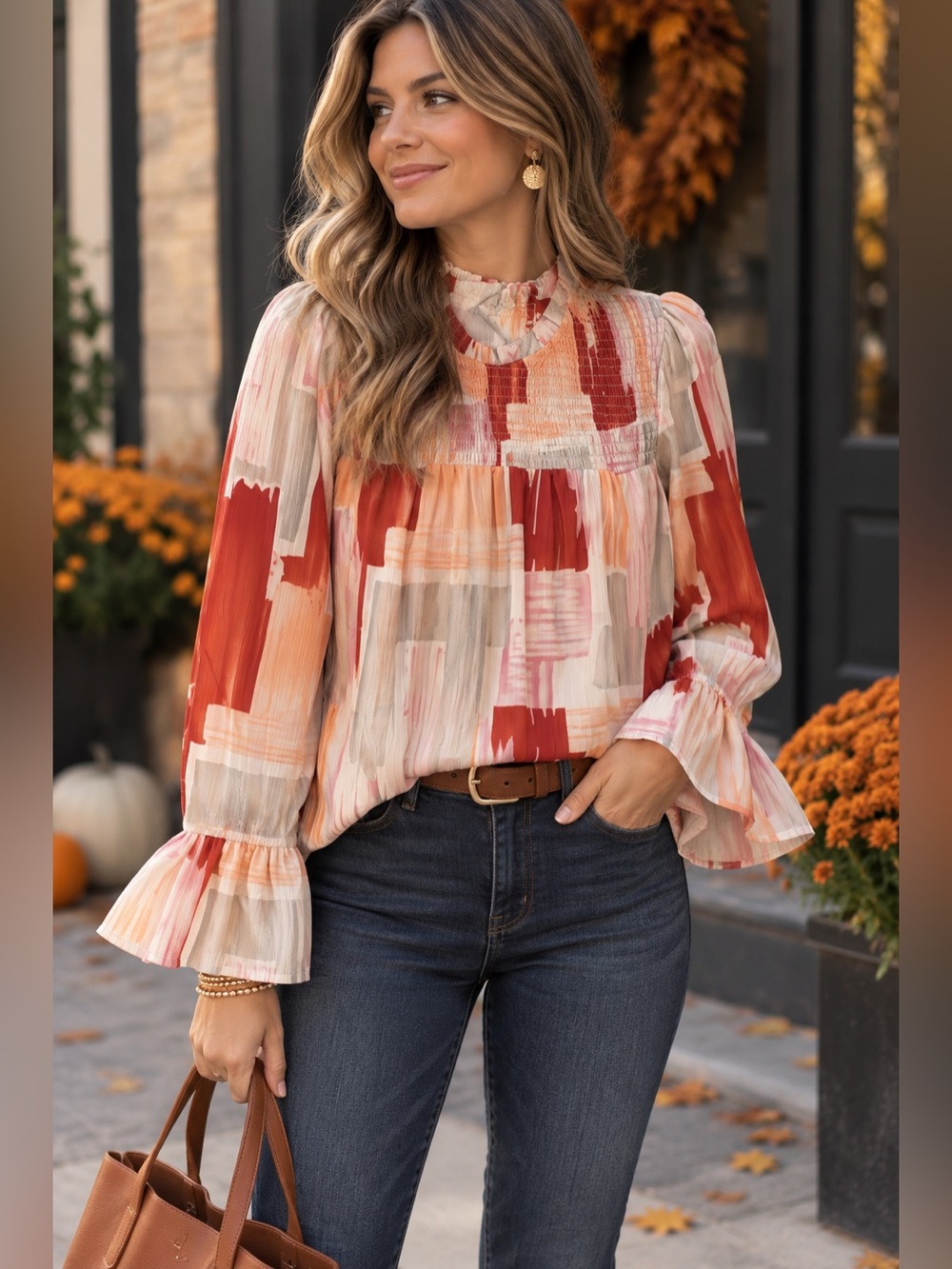 NWT C+D+M Women’s L Fall Blouse Rust Peach Abstract Print Smocked Bell Sleeve